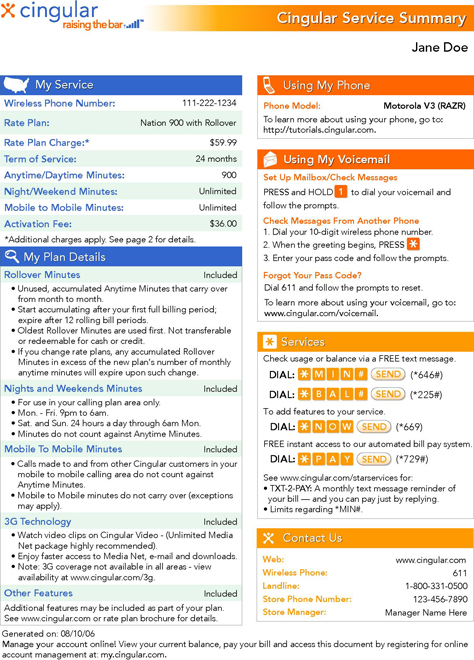 Cingular Service Summary front page