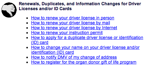 Contents page at the California Department of Motor Vehicles (DMV) Web site buries the important information in repetitive prose.