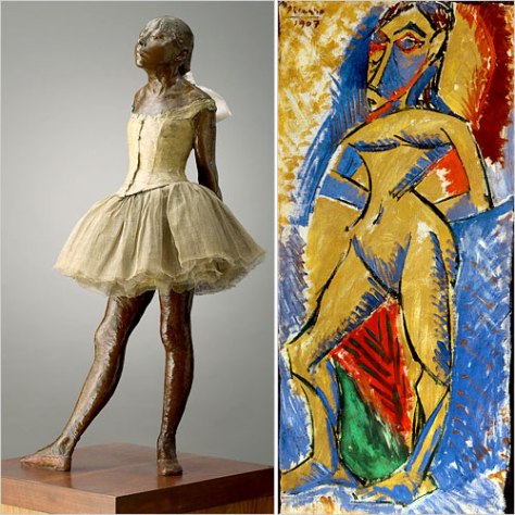 Degas’s Little Dancer Aged Fourteen, 1879-81, on the left; Picasso’s Standing Nude, 1907, on the right