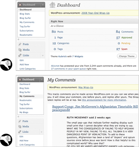 At WordPress.com, “Dashboard” means both a blog’s entire administrative area and a certain page in it