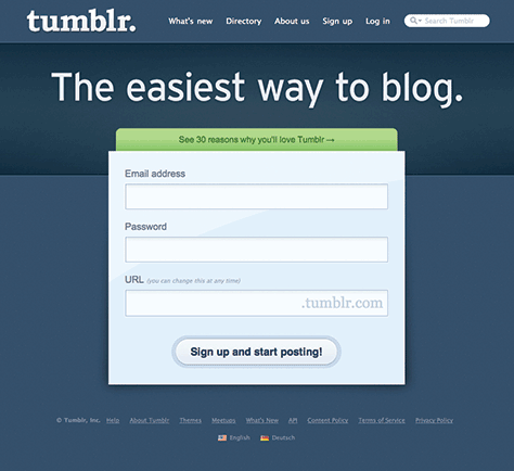 Tumblr home page's simplicity effectively directs user focus