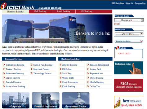 ICICI Bank corporate banking page