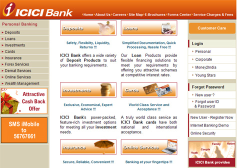 ICICI Bank personal banking page