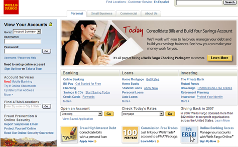 Wells Fargo personal banking page
