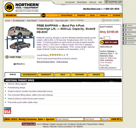 Northern Tool product page, appealing to the emotional and the rational