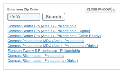 Fancast ZIP code selector, assuming I’m in Philadelphia