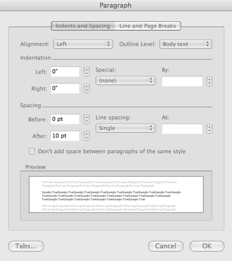 Word Paragraph dialog box