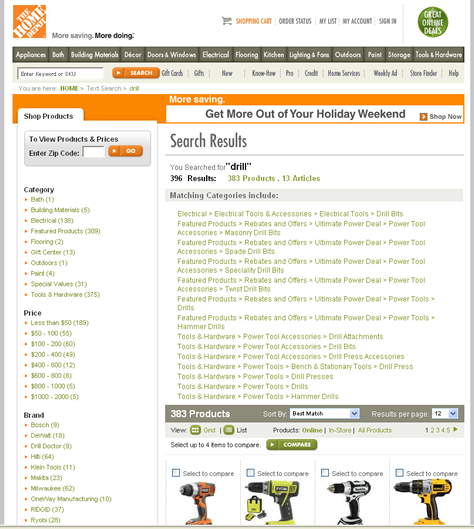 Home Depot search result categories
