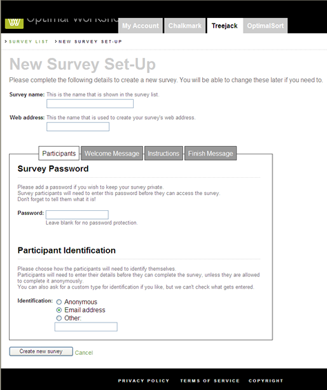 Initial setup of Treejack study