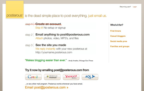 Signup page on posterous