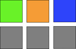 The top three swatches differ only in hue. The bottom three show how they would appear to an animal with only one photoreceptor type.