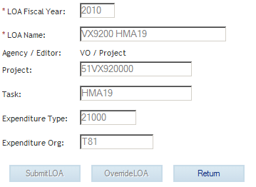 Cost-accounting application dialog box with a Return button