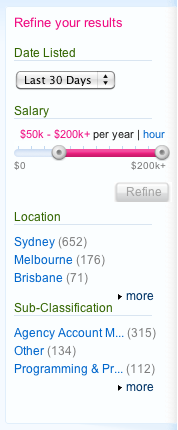 SEEK salary slider on the Refine your results panel