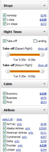 Filters help customers choose flights on Kayak