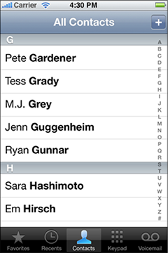 iPhone Contacts app's list of contacts