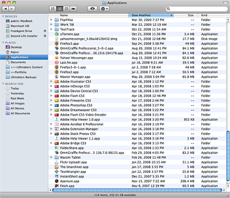 Tabular list view of Mac OS X Finder