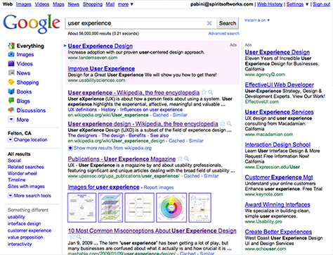 Google search results page, with filters on the left