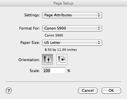 Mac Page Setup dialog box