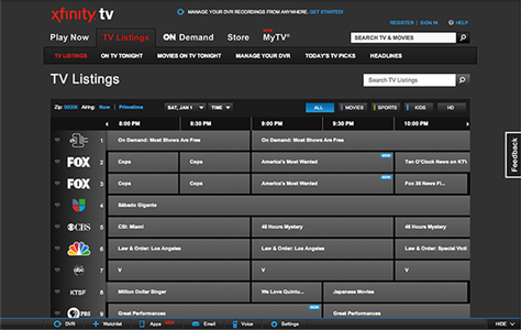 Xfinity TV Listings Web application