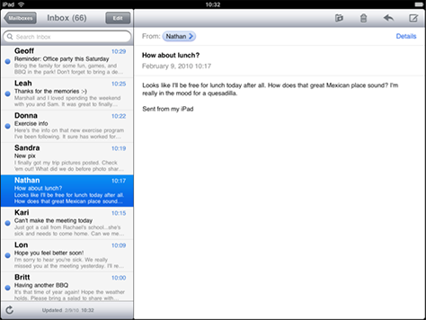 iPad Mail Inbox and message pane