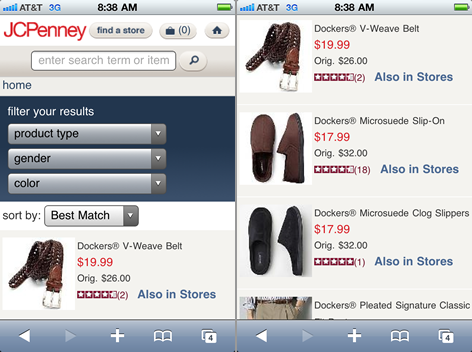 Results for Dockers query on JC Penny mobile site