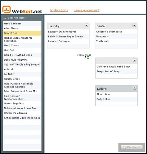 An online, open card sort in WebSort