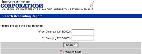 California Department of Corporations’ site search offers no defaults for date