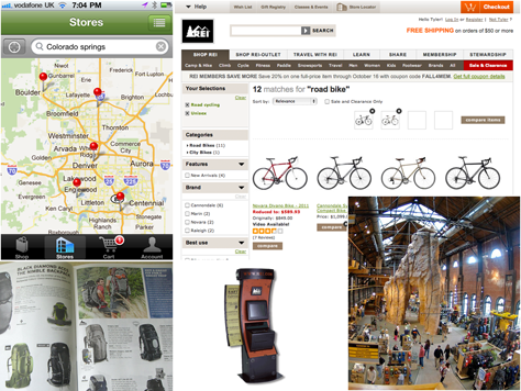 Outdoor retailer REI’s iPhone app, Web site, print catalog, kiosk, and flagship store