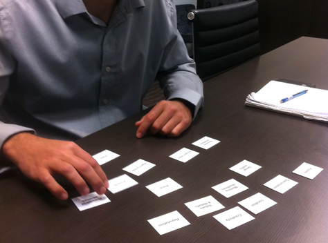 A participant sorting cards featuring agency attributes