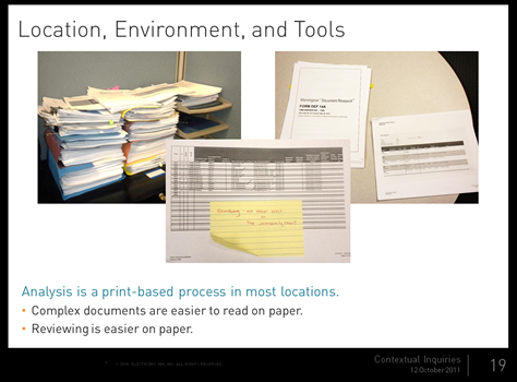 Photos in a presentation that depict a paper-based process  