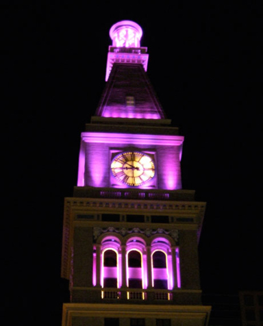 Illuminated clock tower on the 16th Street Mall