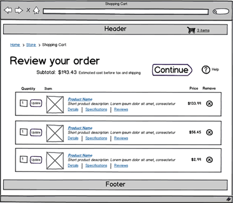 Shopping cart wireframe with product details, images, and editing of quantities