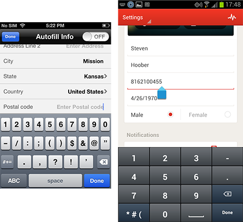 Autofill ZIP code entry on iPhone; proper use of keypad layout for phone number entry in Path on Android