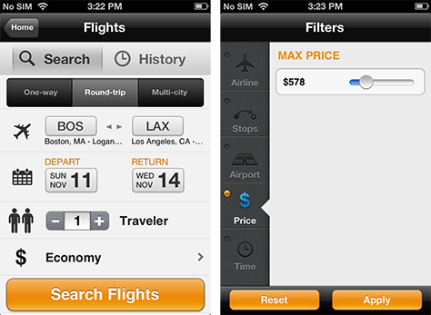 Kayak’s iPhone app uses sliding controls for some inputs like the number of travelers and the maximum price