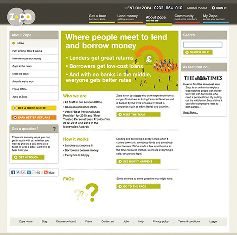 Peer-to-peer lending service Zopa.com’s clear service proposition on their website