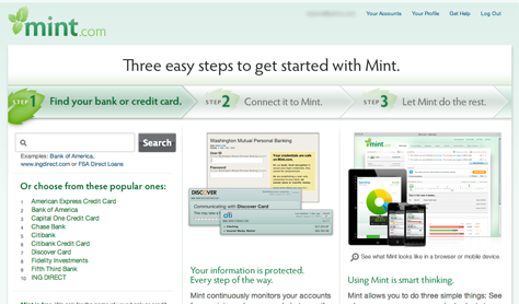 Mint.com’s Three easy steps on the welcome page