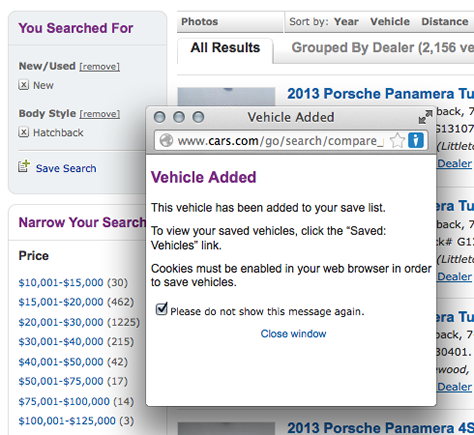 Saving car listings on cars.com