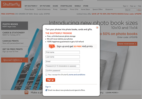 Shutterfly newsletter sign-up form