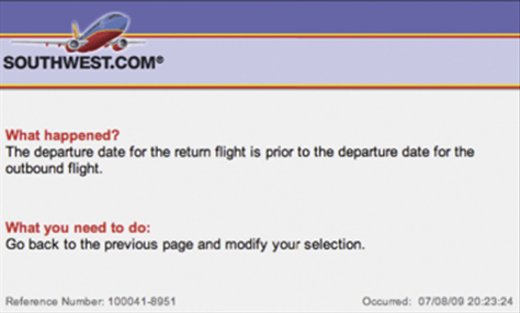 Error messages at Southwest Airlines' Web site are task focused and clear, fostering learning