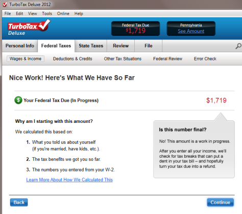 TurboTax shows the user’s tax due or refund at the top of each screen
