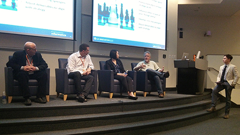 Panelists Liam Friedland, Jon Innes, Jenny Sun, and Phillip Hunter, from left to right, and moderator, Jonathan Anderson