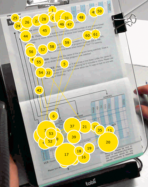 F-shaped eye track of the block of text at the top of the page; completely different pattern on the questions and answer spaces at the bottom of the page.