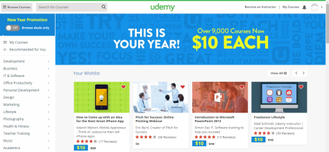 Dashboard for my Udemy account, showing discounts for courses that I can access from my notebook computer