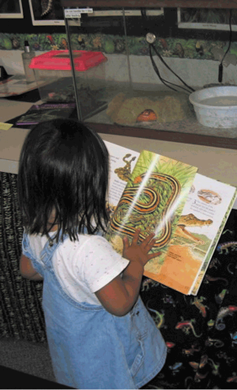Nicole, 3 years old, reads a story to the orange corn snake