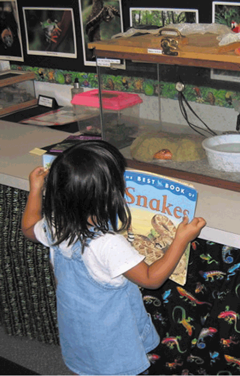 Nicole, 3 years old, reads a story to the orange corn snake