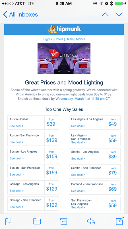 Hipmunk discount airfare email message