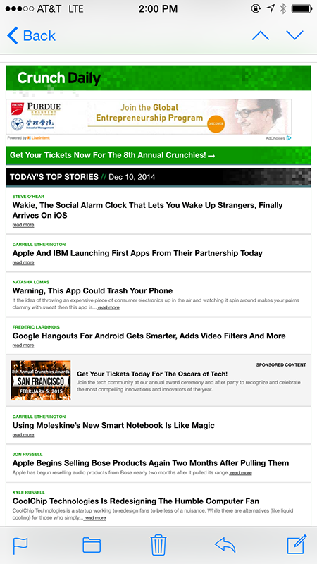 Crunch Daily email message on a smartphone