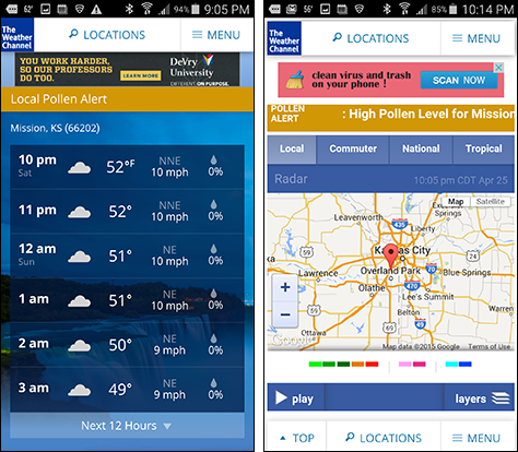 A central list dominates the hourly forecast page on Weather.com