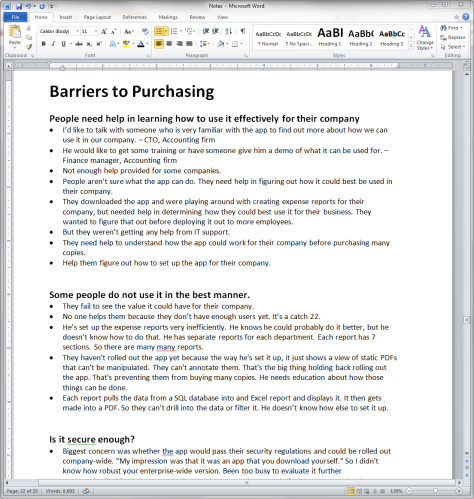 Organizing the findings into themes in a Microsoft Word document