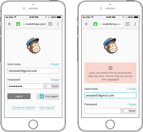 MailChimp log-in screen, with and without an error